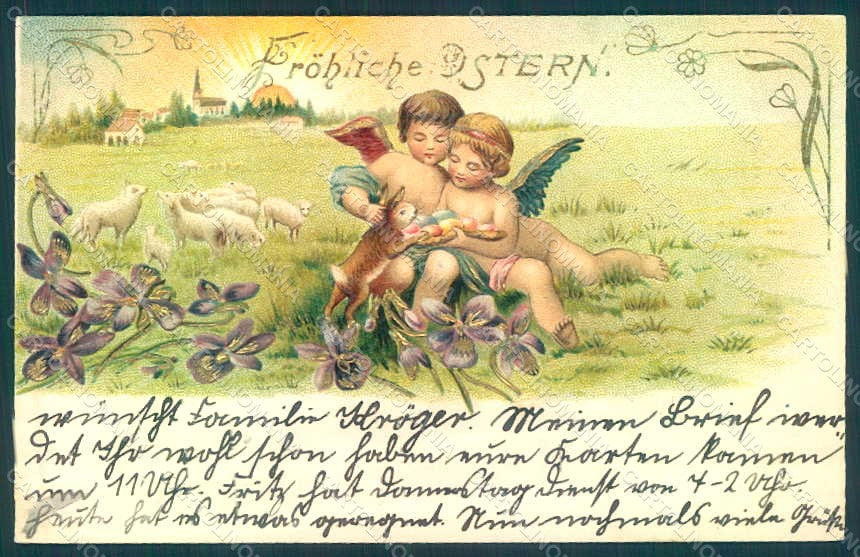Greetings Easter Angel Putto Violets Flowers Hare Lamb Relief postcard HR0443 – fronte