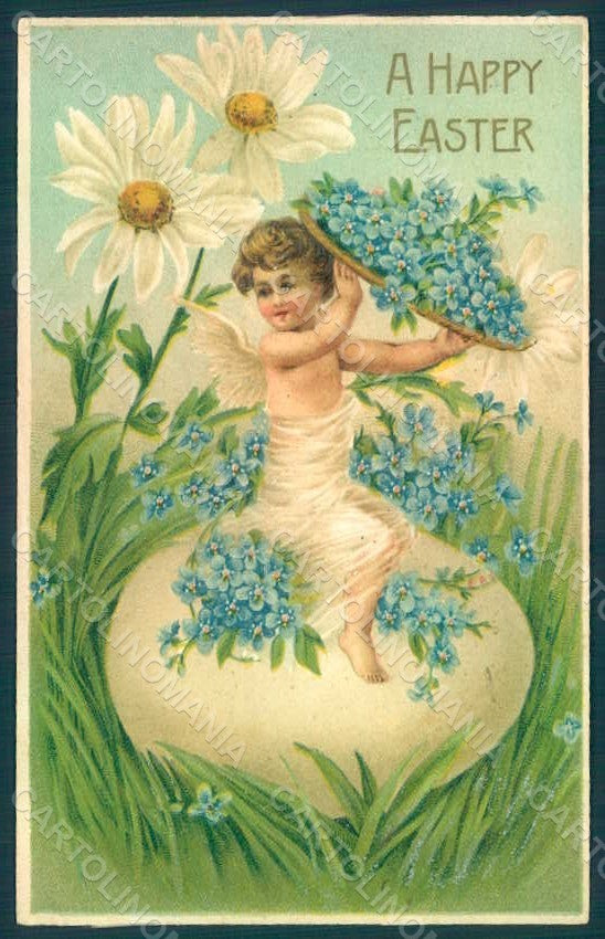 Greetings Easter Angel Myosotis Daisy Flower serie 307 Relief postcard HR0444 – fronte