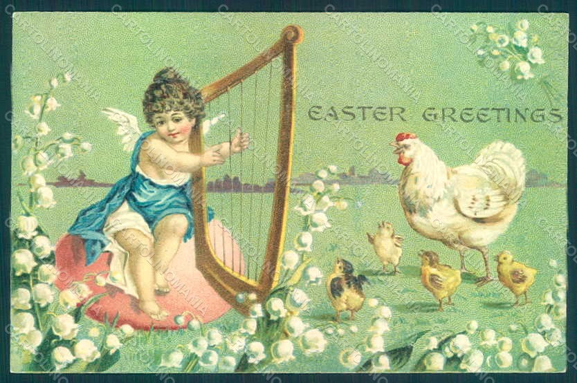Greetings Easter Angel Putto Harp Hen Chick Egg serie 1259 Relief pc HR0446 – fronte