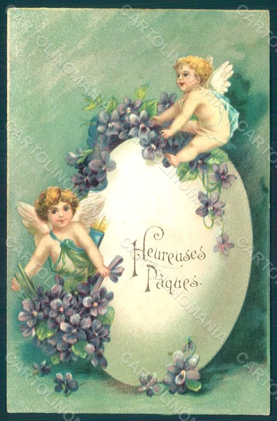 Greetings Easter Angel Egg Violets Flowers Relief postcard HR0447 – fronte