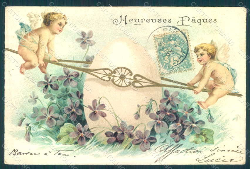 Greetings Easter Angel Seesaw Egg Violets Flowers Relief postcard HR0452 – fronte