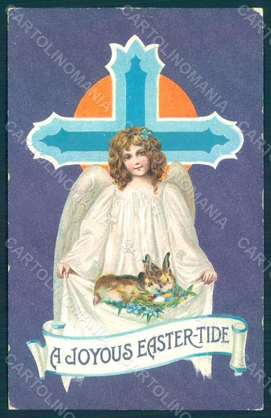 Greetings Easter Angel Hare Egg Cross Relief postcard HR0453 – fronte