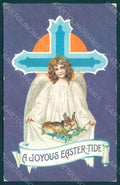 Greetings Easter Angel Hare Egg Cross Relief postcard HR0453 – fronte