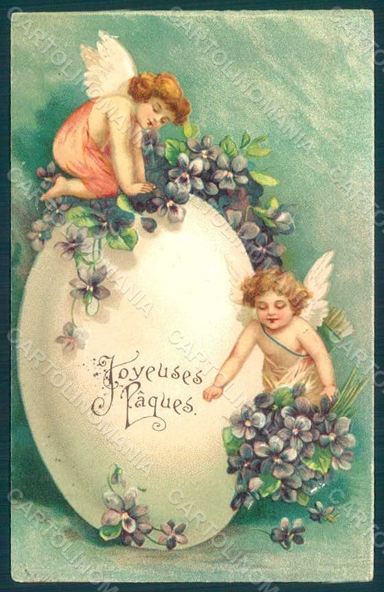Greetings Easter Angel Putto Egg Violets Flowers Relief postcard HR0454 – fronte