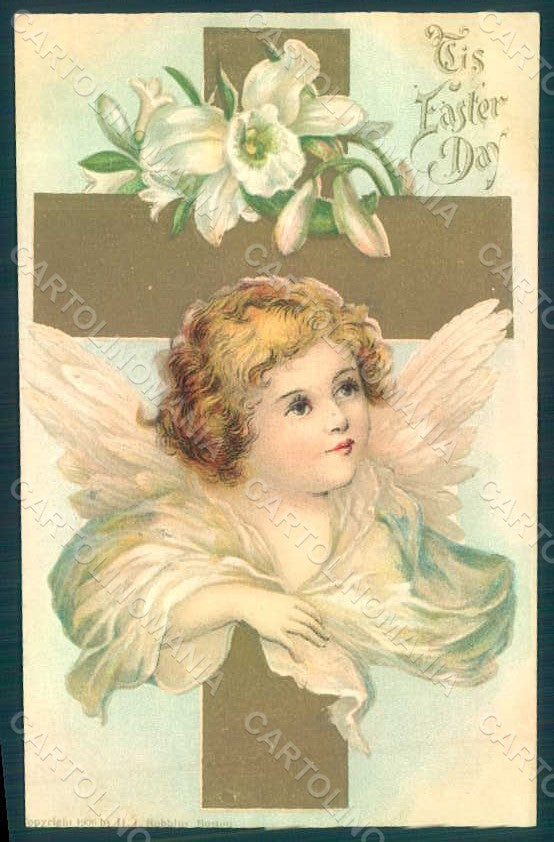 Greetings Easter Angel Cross Lily Flowers serie 824 Relief postcard HR0456 – fronte