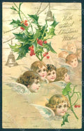 Greetings Christmas Angel Holly Relief CORNER CREASED postcard HR0458 – fronte