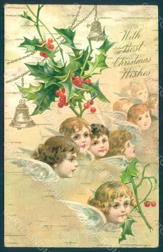 Greetings Christmas Angel Holly Relief CORNER CREASED postcard HR0458 – fronte