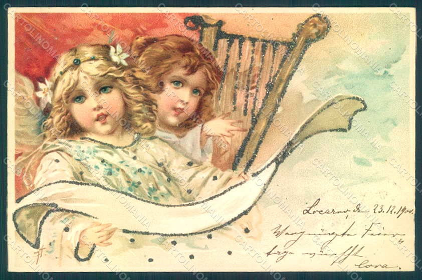 Greetings Christmas Brundage F. ? Angel Putto Harp Art Nouveau Relief pc HR0465 – fronte