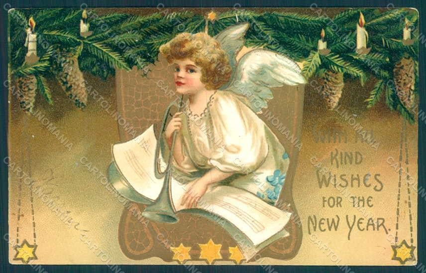 Greetings Christmas Angel Putto Trumpet serie 790 Relief postcard HR0470 – fronte