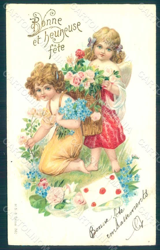 Greetings Angel Putto Flowers M.S.i.B. 260 Relief postcard HR0473 – fronte