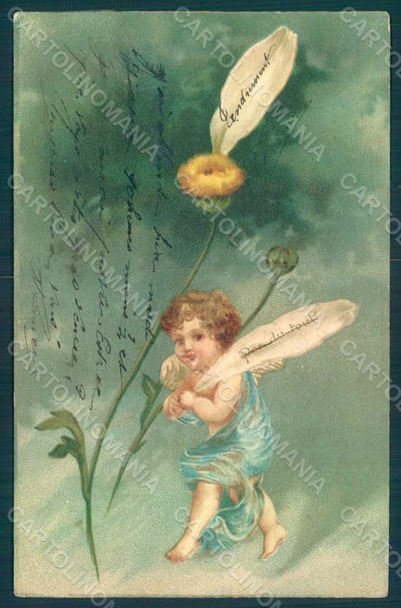 Greetings Angel Putto Art Nouveau Daisy No way Relief UNGLUED postcard HR0485 – fronte