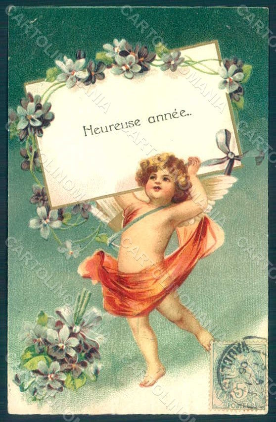 Greetings Angel Putto Art Nouveau Violets Flowers Relief CREASED postcard HR0487 – fronte