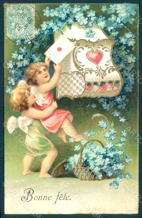 Greetings Angel Putto Art Nouveau Mail Myosotis Relief postcard HR0490 – fronte