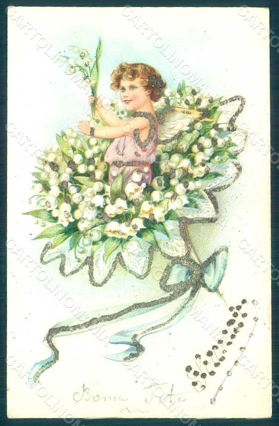 Greetings Angel Putto Art Nouveau Lily of the Valley Relief postcard HR0492 – fronte
