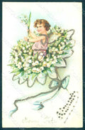 Greetings Angel Putto Art Nouveau Lily of the Valley Relief postcard HR0492 – fronte