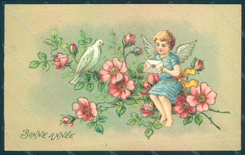 Greetings Angel Putto Art Nouveau Dove Mail serie 377 Relief postcard HR0493 – fronte