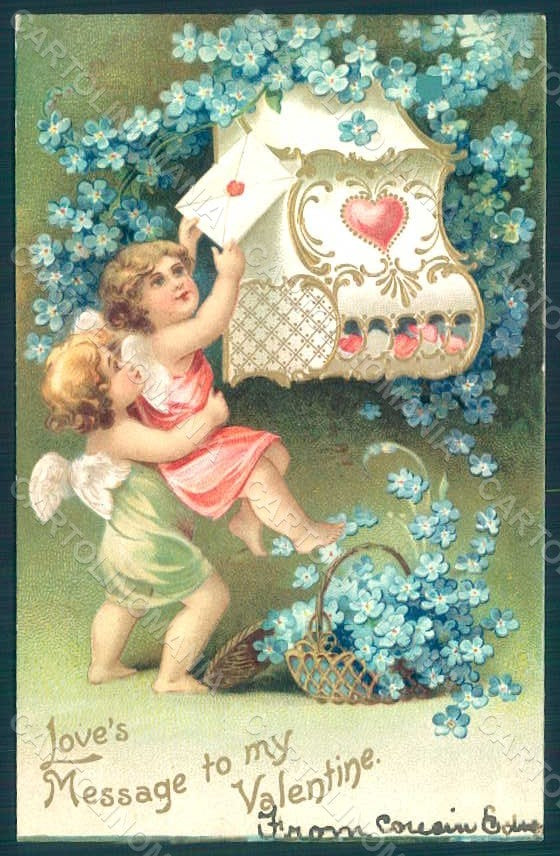 Greetings Angel Putto Art Nouveau Mail Myosotis Relief postcard HR0496 – fronte