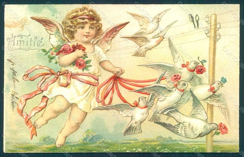 Greetings Angel Dove Art Nouveau Relief postcard HR0502 – fronte