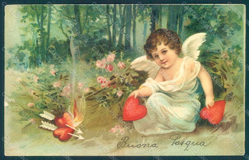 Greetings Angel Eros Putto Valentine Relief CORNER CREASED postcard HR0505 – fronte