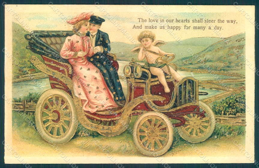 Greetings Angel Eros Putto Lady Couple Car Valentine s208 Relief postcard HR0507 – fronte