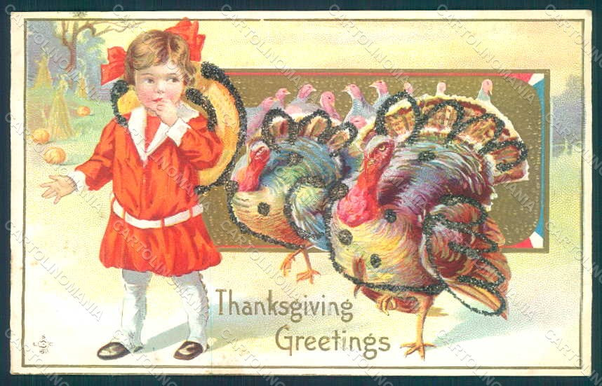 Greetings Thanksgiving Girl Child Turkey serie 204C Relief postcard HR0508 – fronte