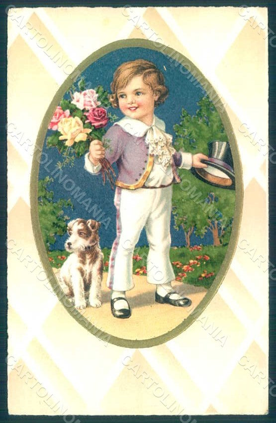 Artist Signed Children Dog Greetings Pittius 930 Relief postcard HR0509 – fronte