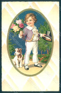 Artist Signed Children Dog Greetings Pittius 930 Relief postcard HR0509 – fronte
