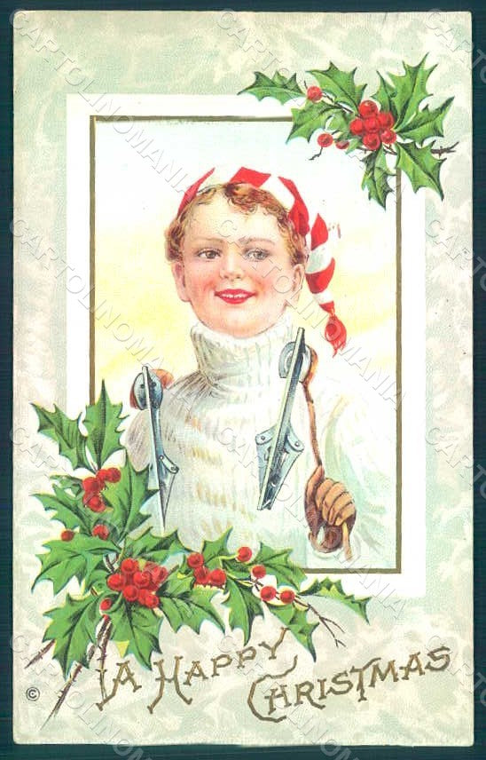 Artist Signed Child Boy Ice Skating Christmas Greetings s. 241A Relief pc HR0512 – fronte
