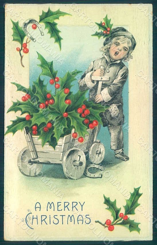 Artist Signed Child Boy Holly Christmas Greetings s. 323 Relief postcard HR0513 – fronte