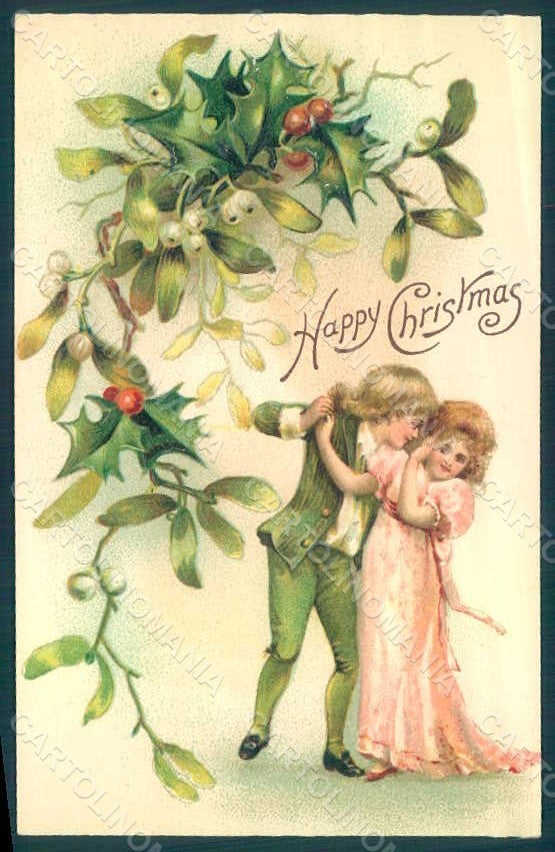 Artist Signed Children Christmas Greetings Holly Mistletoe Relief pc HR0515 – fronte