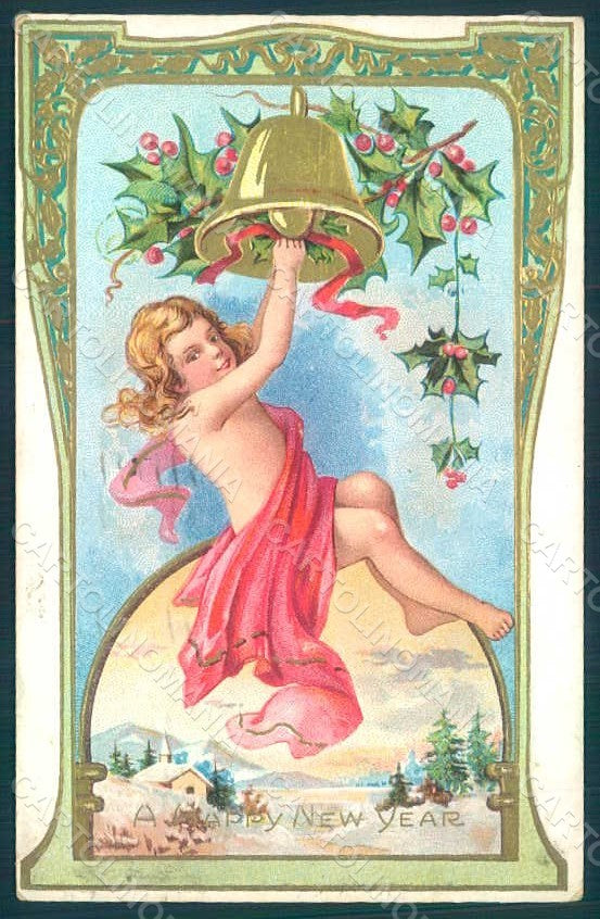 Greetings Angel Bell Holly Greetings New Year Relief postcard HR0520 – fronte