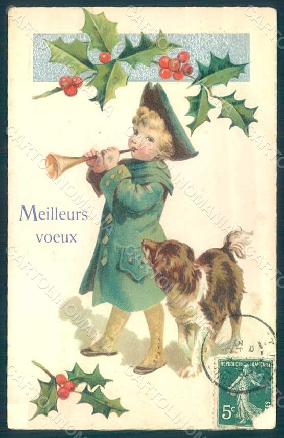 Artist Signed Child Dog Holly Christmas Greetings Relief s. 01894 pc HR0523 – fronte