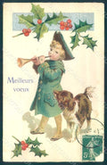 Artist Signed Child Dog Holly Christmas Greetings Relief s. 01894 pc HR0523 – fronte