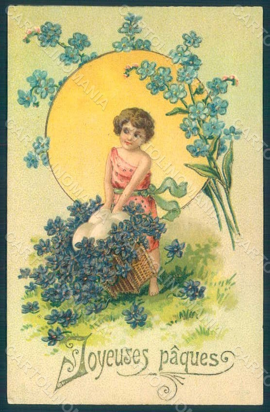 Artist Signed Child Egg Violets Mistletoe Easter Greetings Relief pc HR0524 – fronte