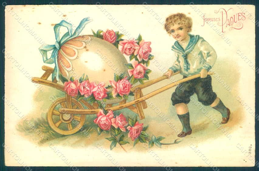 Artist Signed Child Boy Egg Roses Easter Greetings s. 880 Relief postcard HR0529 – fronte