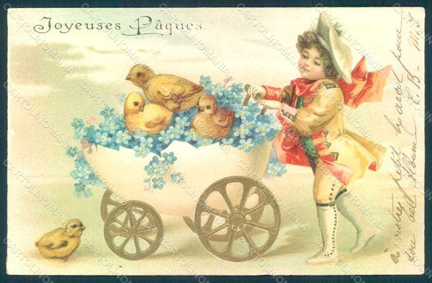 Artist Signed Child Boy Chick Egg Easter Greetings Relief TEARED postcard HR0530 – fronte