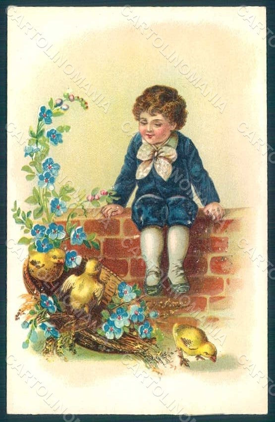 Artist Signed Child Boy Chick Myosotis Easter Greetings Relief postcard HR0531 – fronte