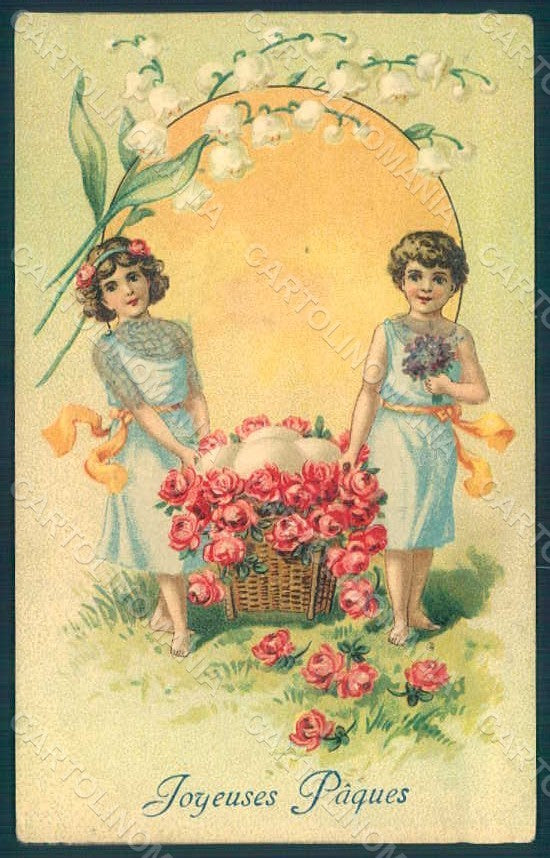 Artist Signed Children Egg Roses Easter Greetings Relief postcard HR0532 – fronte