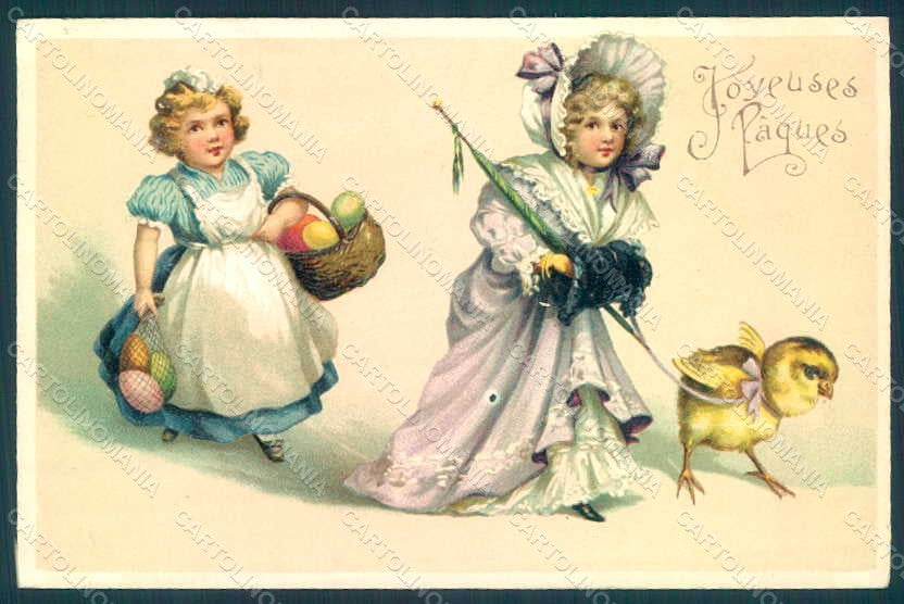 Artist Signed Children Girl Chick Easter Greetings Meissner & B Relief pc HR0533 – fronte