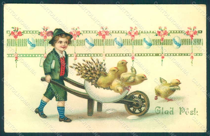 Artist Signed Child Boy Egg Violets Chick Easter Greetings postcard HR0536 – fronte