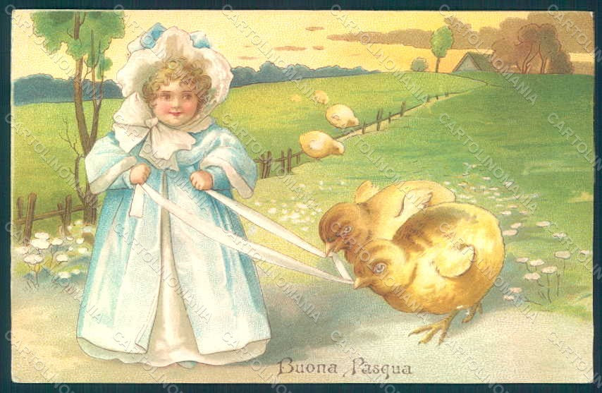Artist Signed Child Girl Chick Easter Greetings Relief postcard HR0537 – fronte