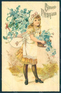 Artist Signed Child Girl Egg Myosotis Easter Greetings Relief postcard HR0538 – fronte