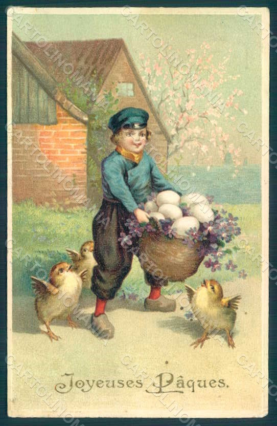 Artist Signed Boy Egg Violets Chick Easter Greetings Relief ABRADED pc HR0539 – fronte