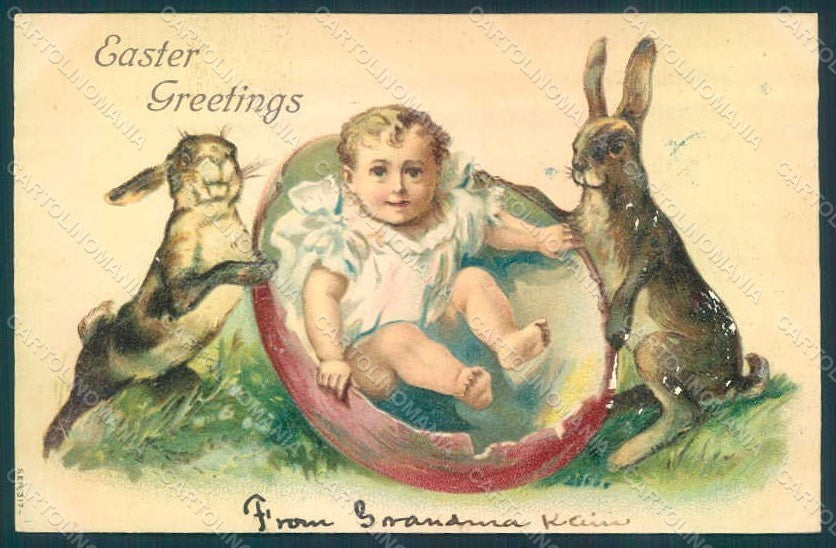 Artist Signed Boy Egg Hare Easter Greetings s. 317 Relief postcard HR0541 – fronte