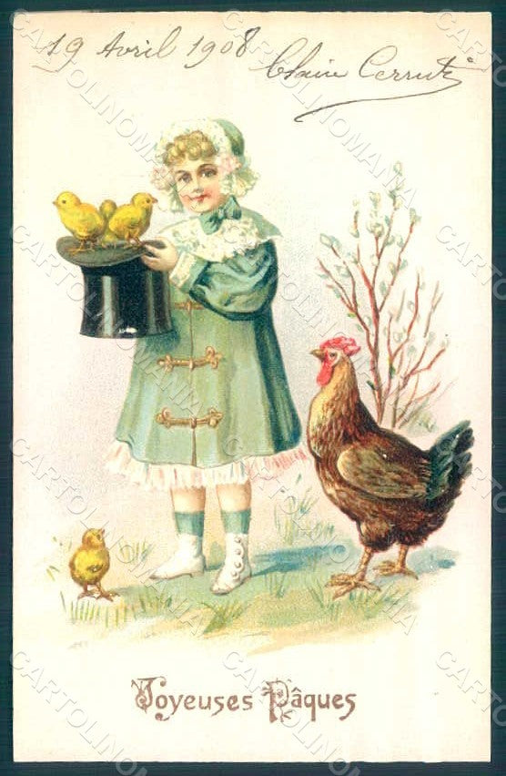 Artist Signed Child Girl Egg Chick Hen Easter Greetings Relief postcard HR0542 – fronte