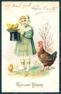 Artist Signed Child Girl Egg Chick Hen Easter Greetings Relief postcard HR0542 – fronte