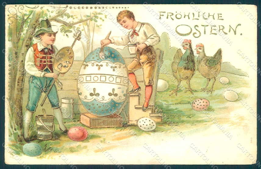 Artist Signed Children Egg Chick Hen Easter Greetings s. 556 Relief pc HR0545 – fronte