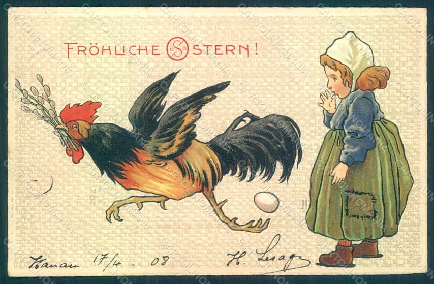 Artist Signed Child Girl Rooster Egg Easter Greetings Relief postcard HR0546 – fronte
