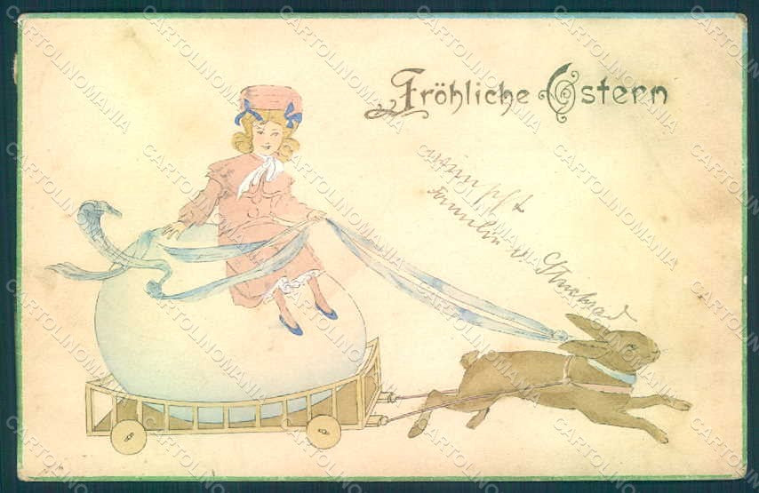 Artist Signed Child Girl Egg Easter Greetings Hare OPF Relief postcard HR0548 – fronte