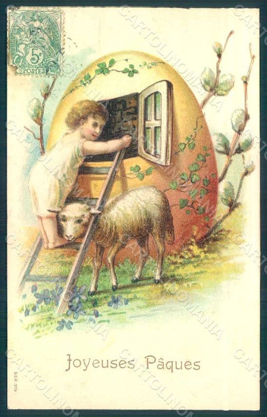 Artist Signed Boy Egg Lamb Easter Greetings s. 315 Relief postcard HR0549 – fronte